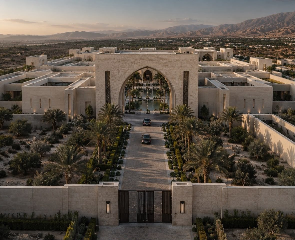 Luxury walled estate with courtyard, palms and mountains at sunset