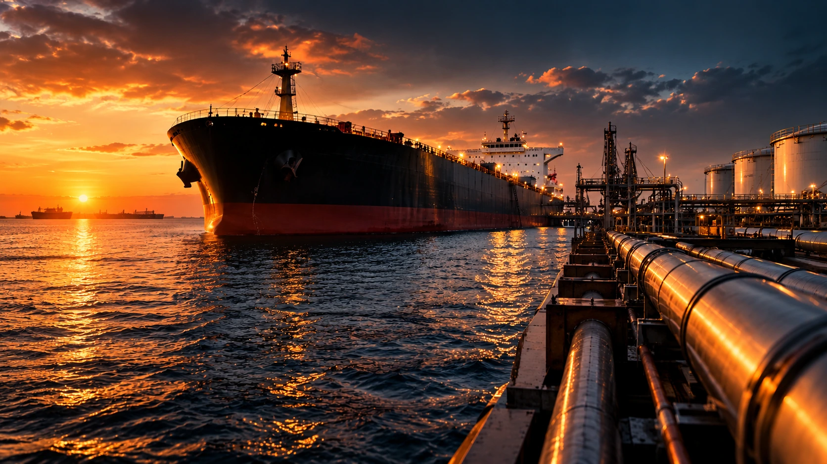 Crude oil tanker at a marine terminal at sunset, with pipelines and storage tanks